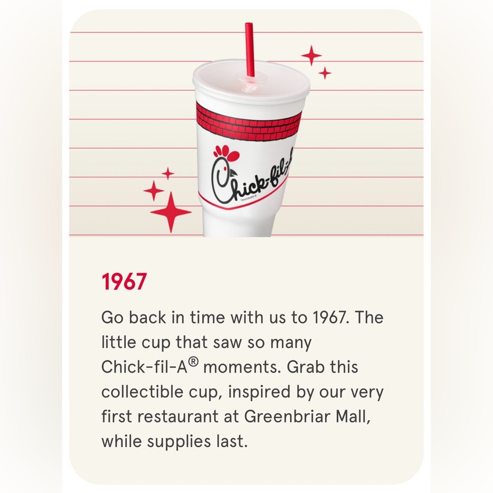 Chick-fil-a Classic 1967 Collector’s Cup Reusable 34oz NEW